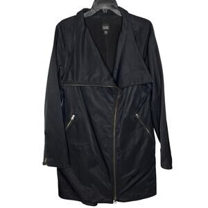Eileen Fisher Black Full Zip Trench Rain Coat Oversize Collar Zip‎ Pocket Medium